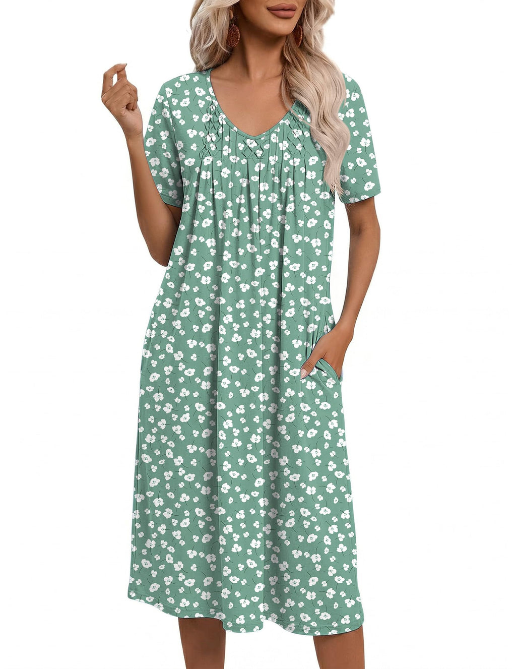 Ekouaer Nightgowns for Women with Pockets House Dress Pleated Night Gowns