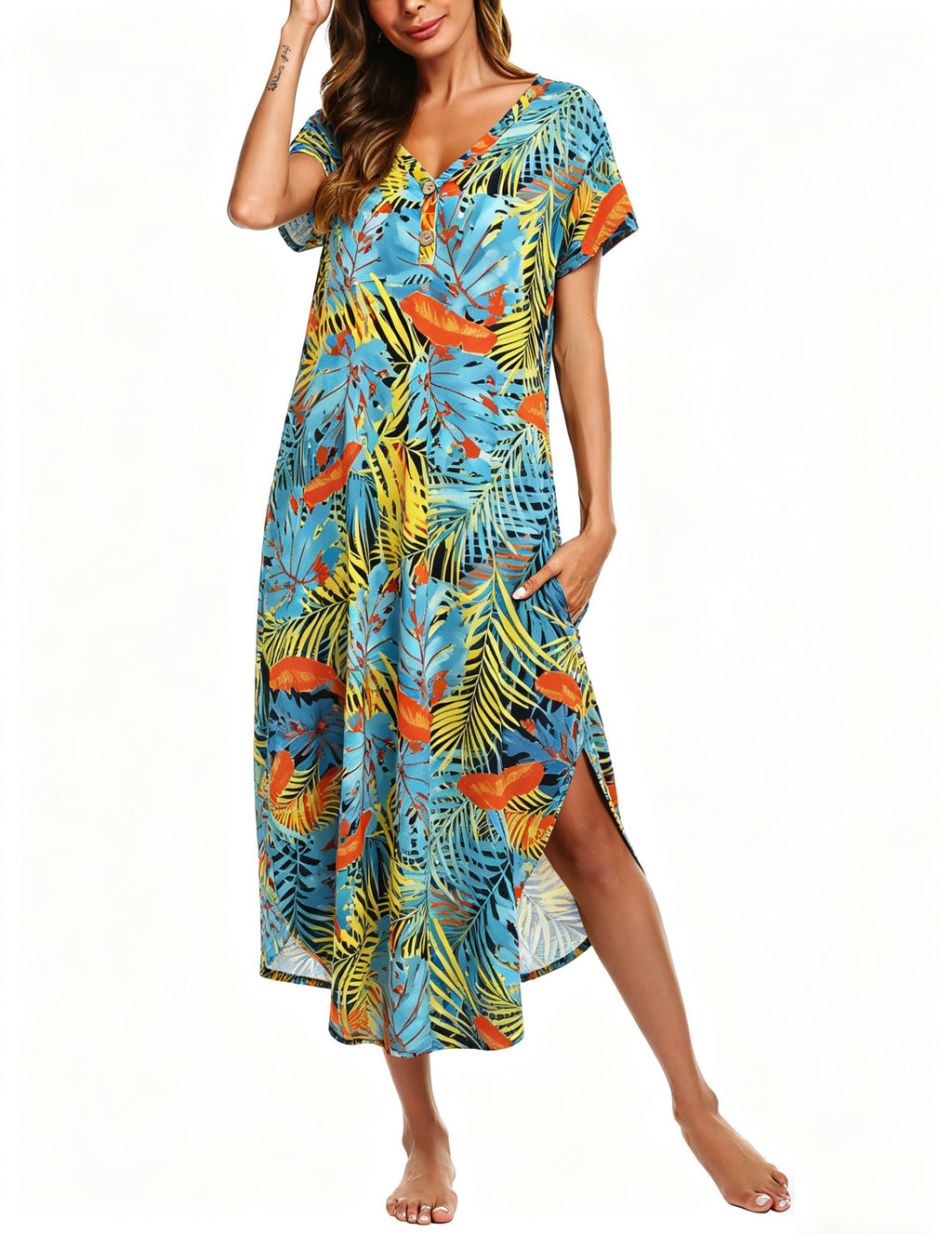 Ekouaer Long Nightgowns For Women Short Sleeve Midi Nightgown With Pockets