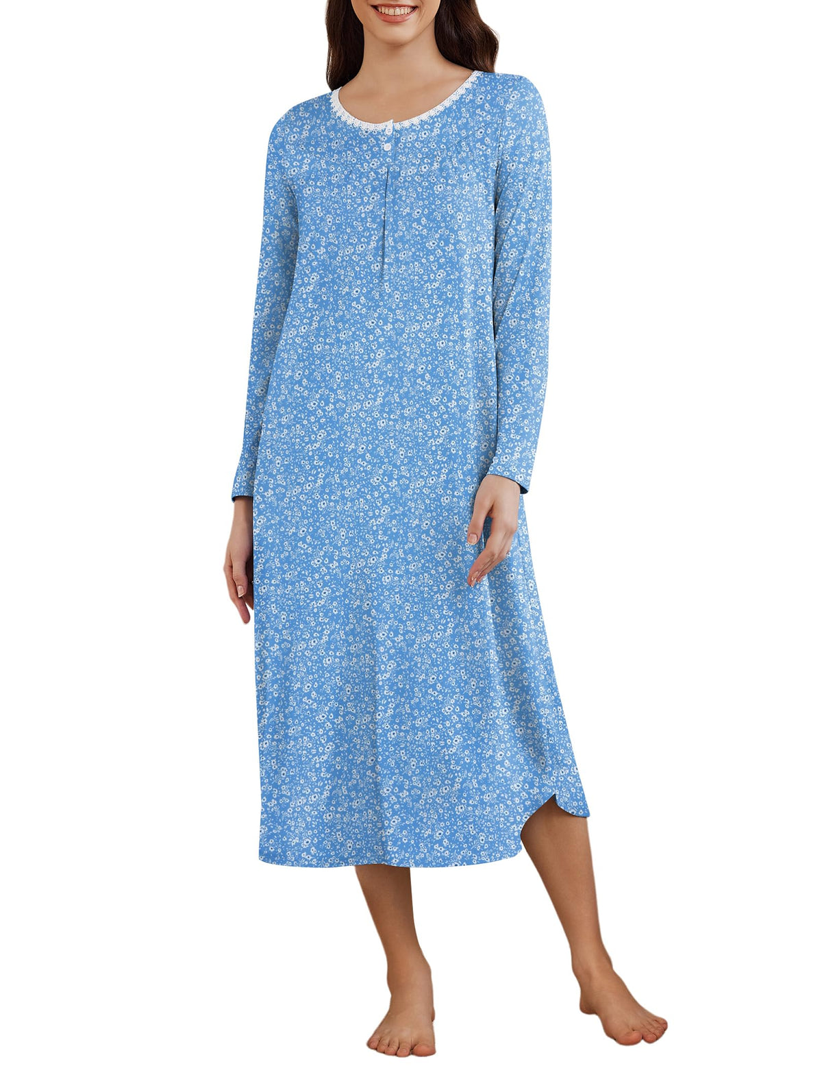 Ekouaer Womens Long Sleeve Nightgowns Long Sleepshirts Henley Sleep Dress