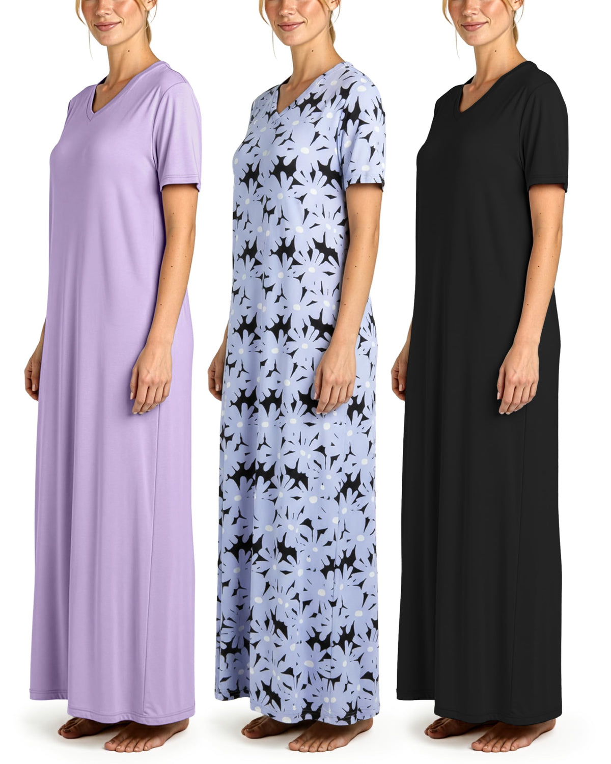 3 Pack Women's Maxi Long Nightgowns Short Sleeve Night Shirt PJ Sleep Dress