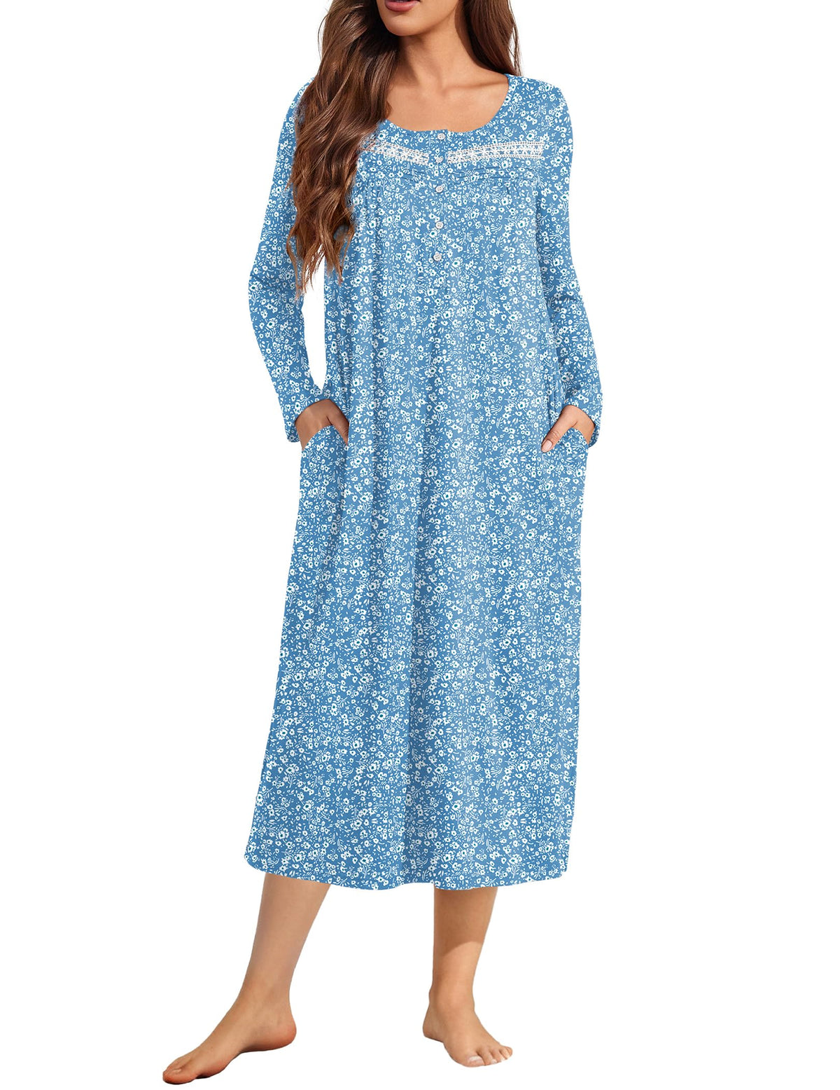 Ekouaer Long Sleeve Nightgown for Women Long Henley House Dress with Pocket