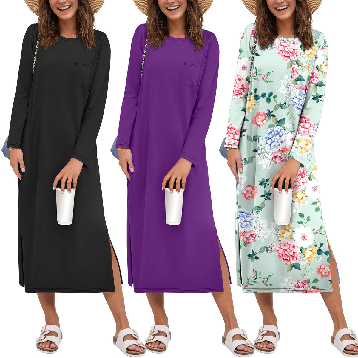 Ekouaer 3 Pack Long Sleeve Full Length Chest Pocket Nightgowns for Women