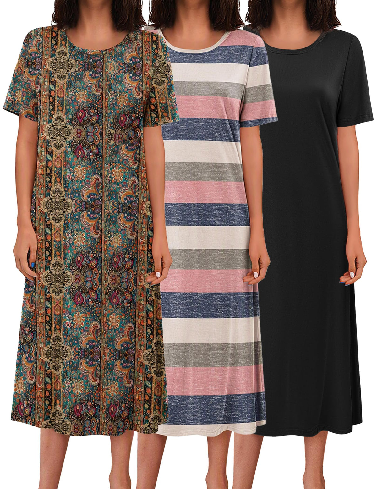 Ekouaer 3 Pack Long Nightgowns for Women House Dress Plus Size Nightshirt