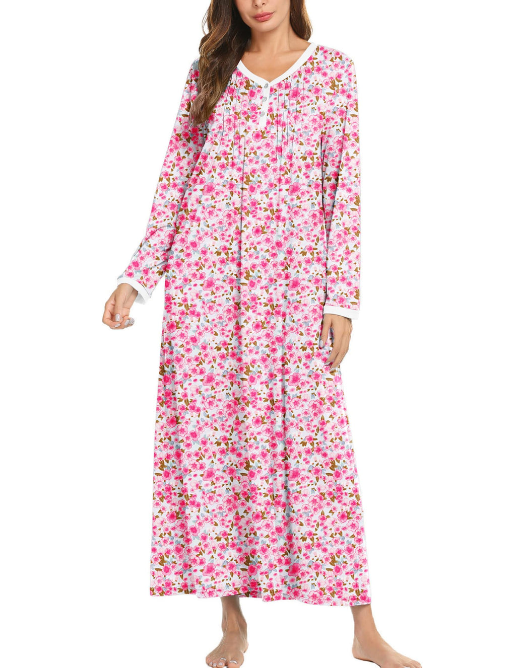 Ekouaer Women's Long Sleeve Nightgown Full Length Sleepwear Long Sleepshirts Henley Sleep Dress