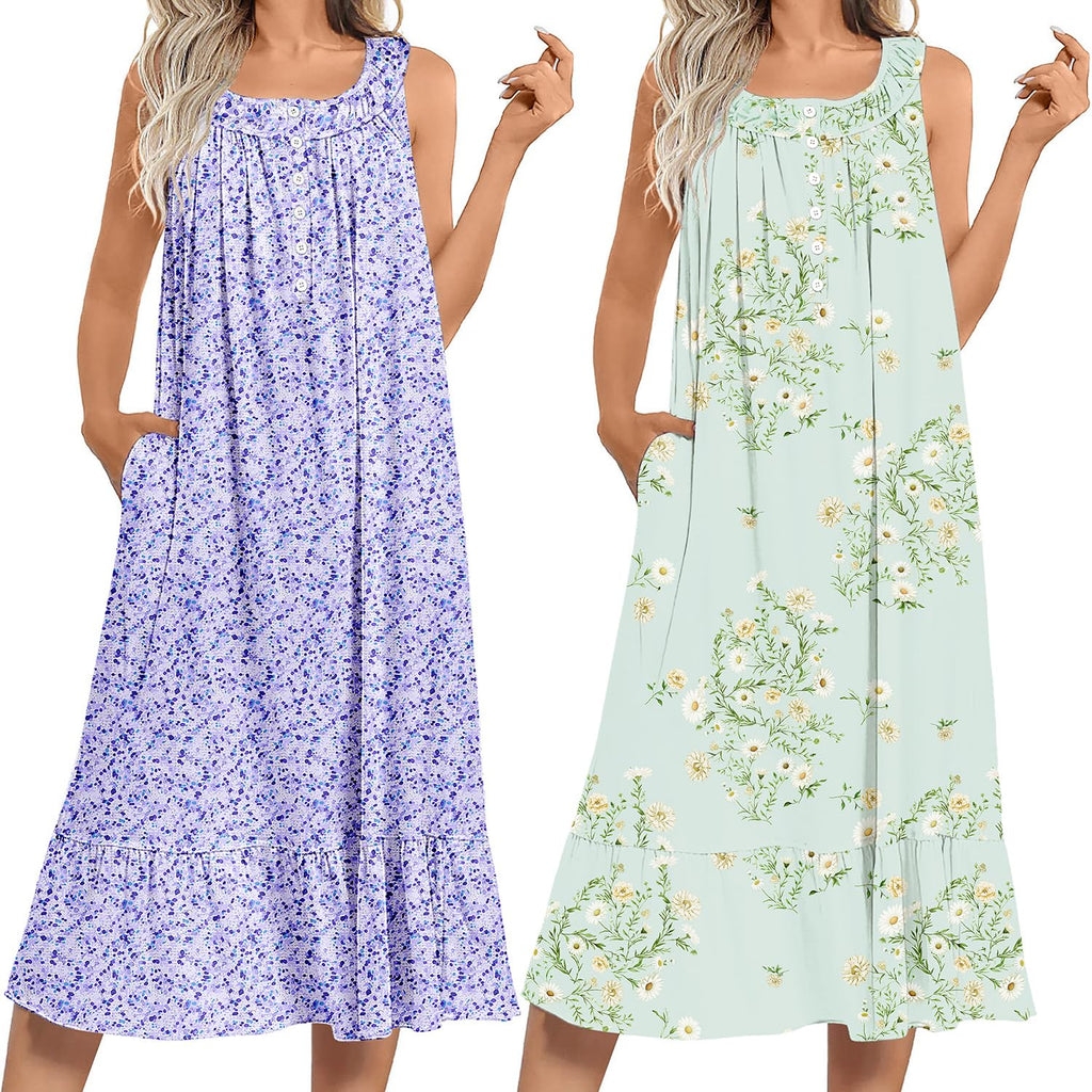 Ekouaer 2 Pack Nightgowns for Women Sleeveless Long Night Gowns Victorian Nightdress with Pockets Soft Ladies Gown