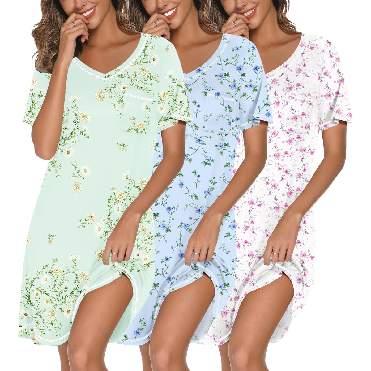 Ekouaer 3 Pack Nightgowns for Women Short Sleeve Sleep Shirt Soft Sleepwear