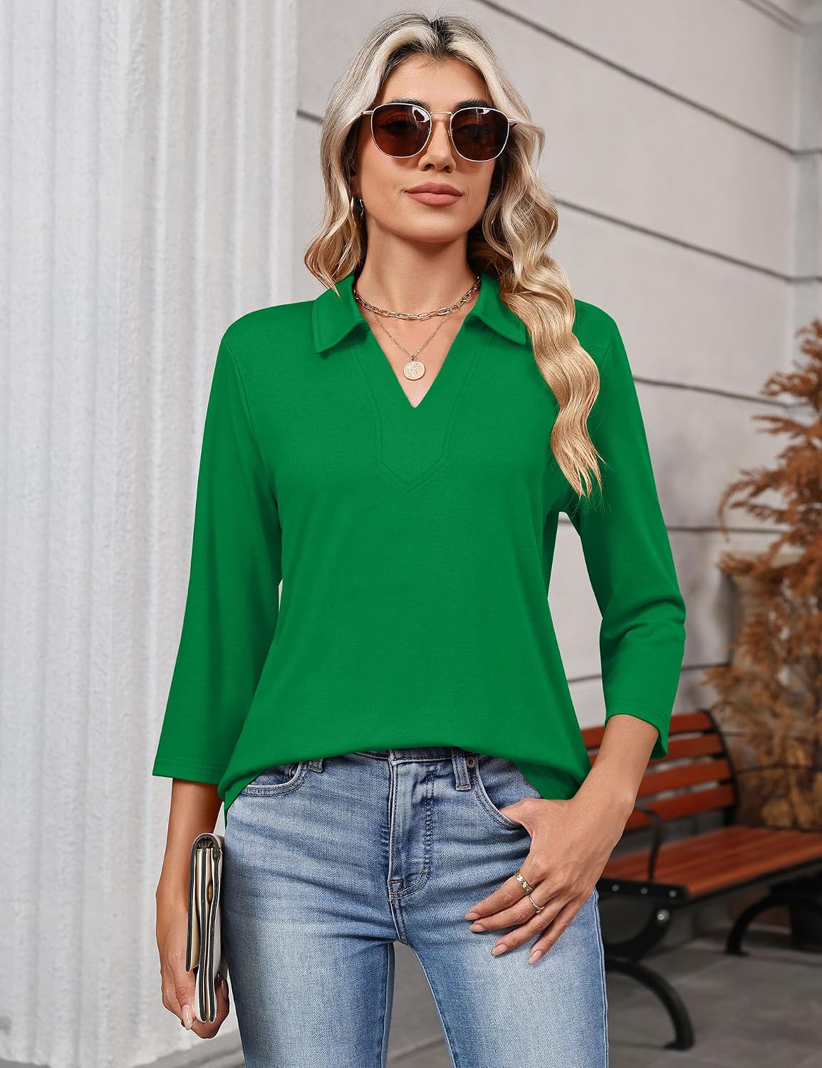 LOMON 3/4 Sleeve Womens Tops Summer Collared Polo Shirts V Neck Polos Tees