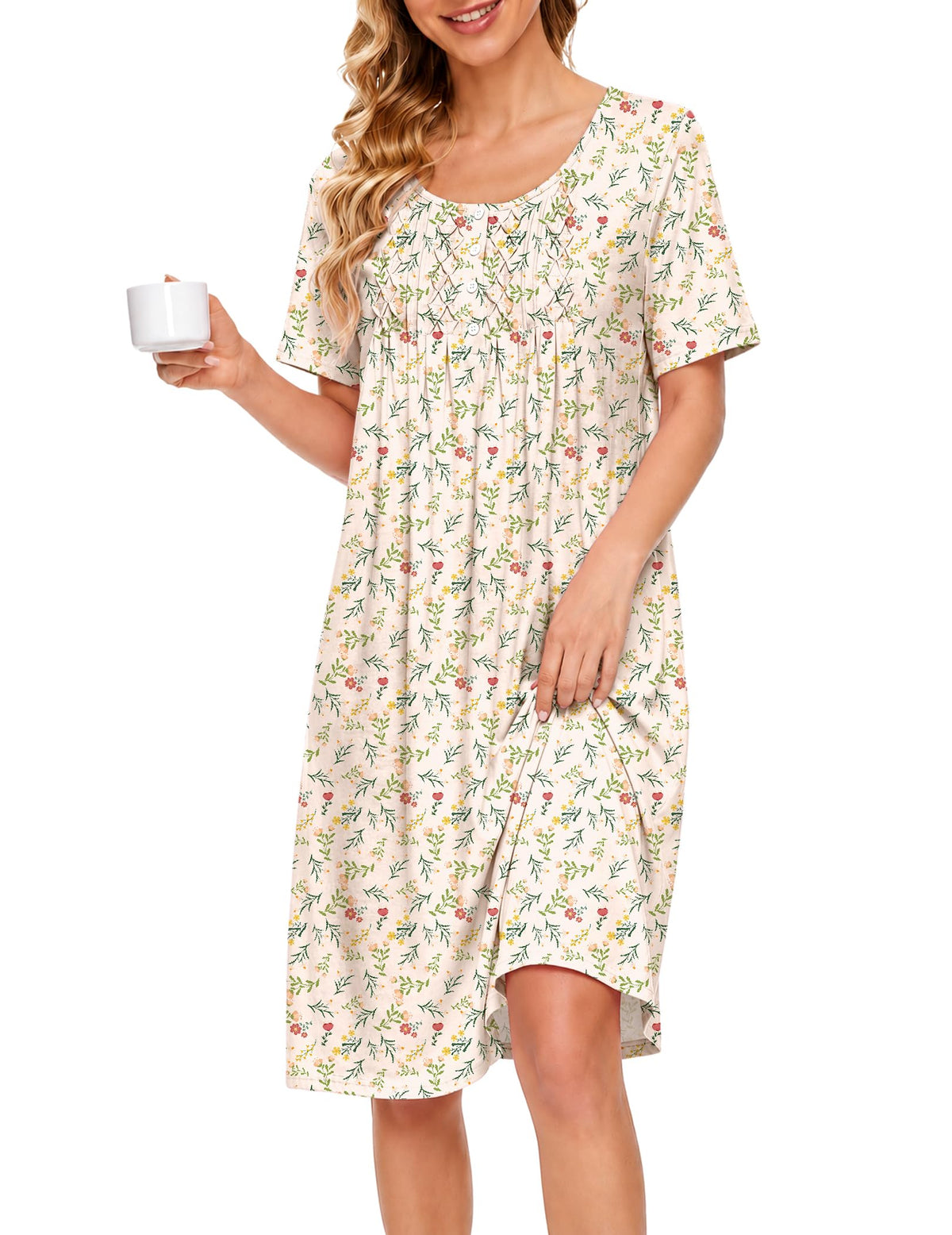 Ekouaer Cotton Nightgowns for Women Short Sleeve House Dress Pleated Moomoo