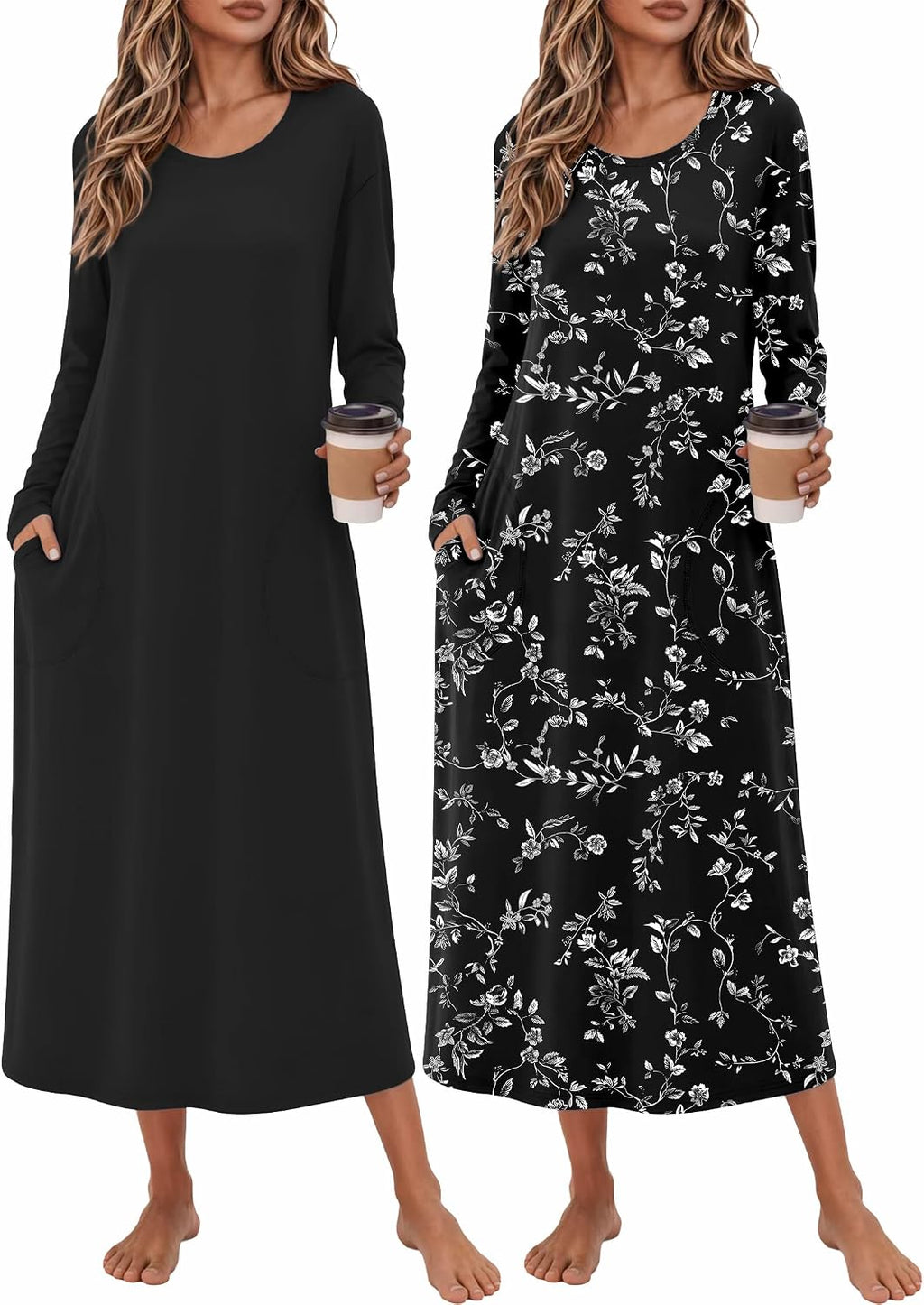 Ekouaer 2 Pack Long Nightgowns for Women Long Sleeve Nightgown with Pocket