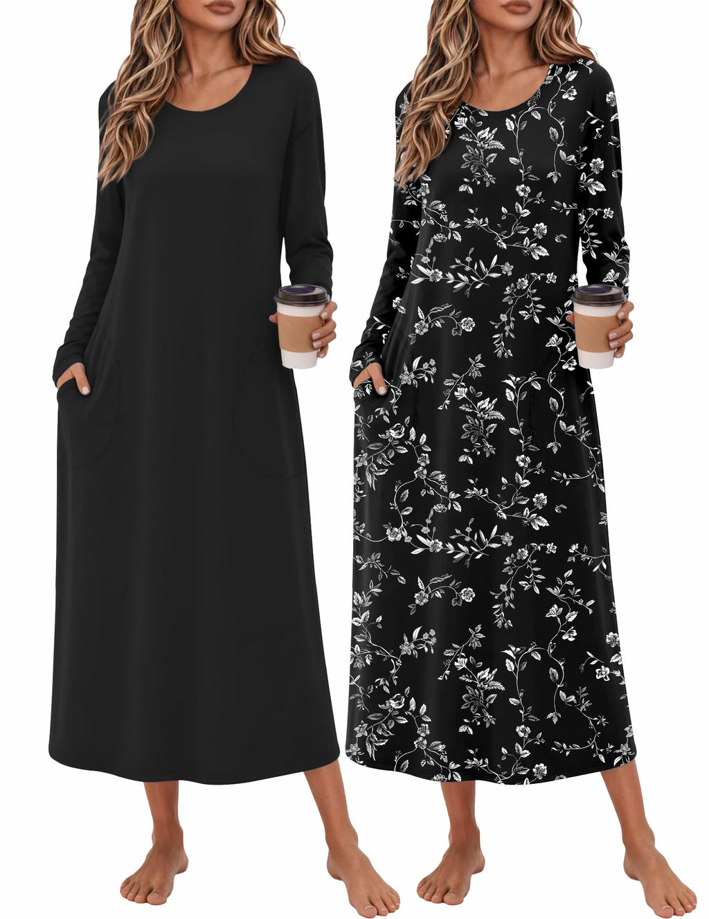 Ekouaer 2 Pack Long Nightgowns for Women Long Sleeve Nightgown with Pocket