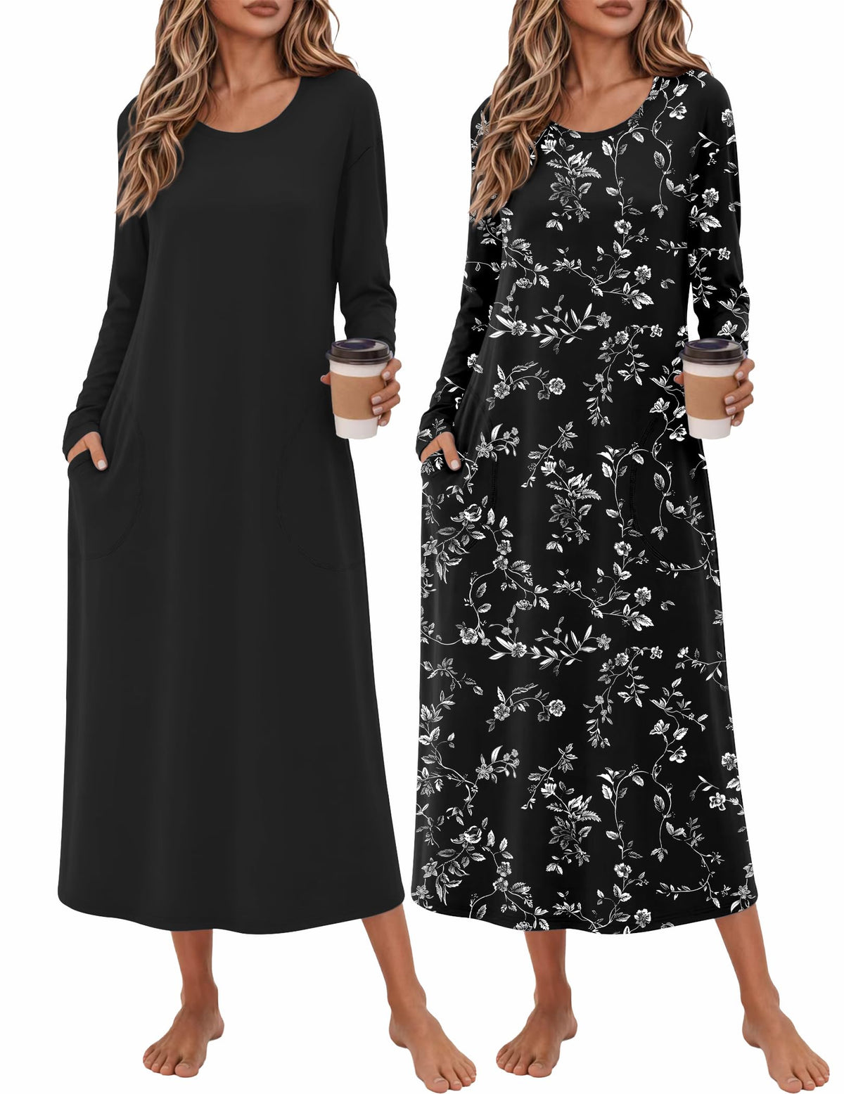 Ekouaer 2 Pack Long Nightgowns for Women Long Sleeve Nightgown with Pocket