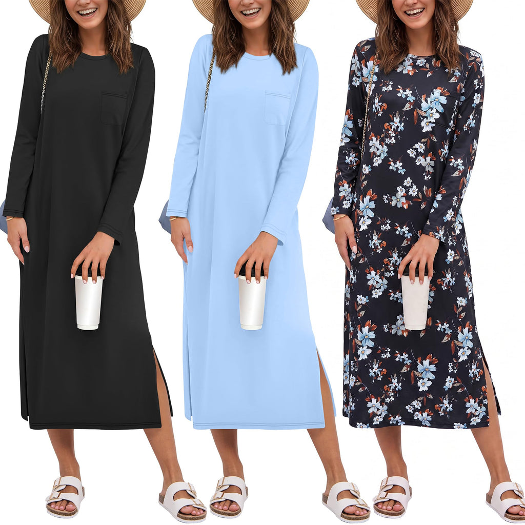 Ekouaer 3 Pack Long Sleeve Full Length Chest Pocket Nightgowns for Women
