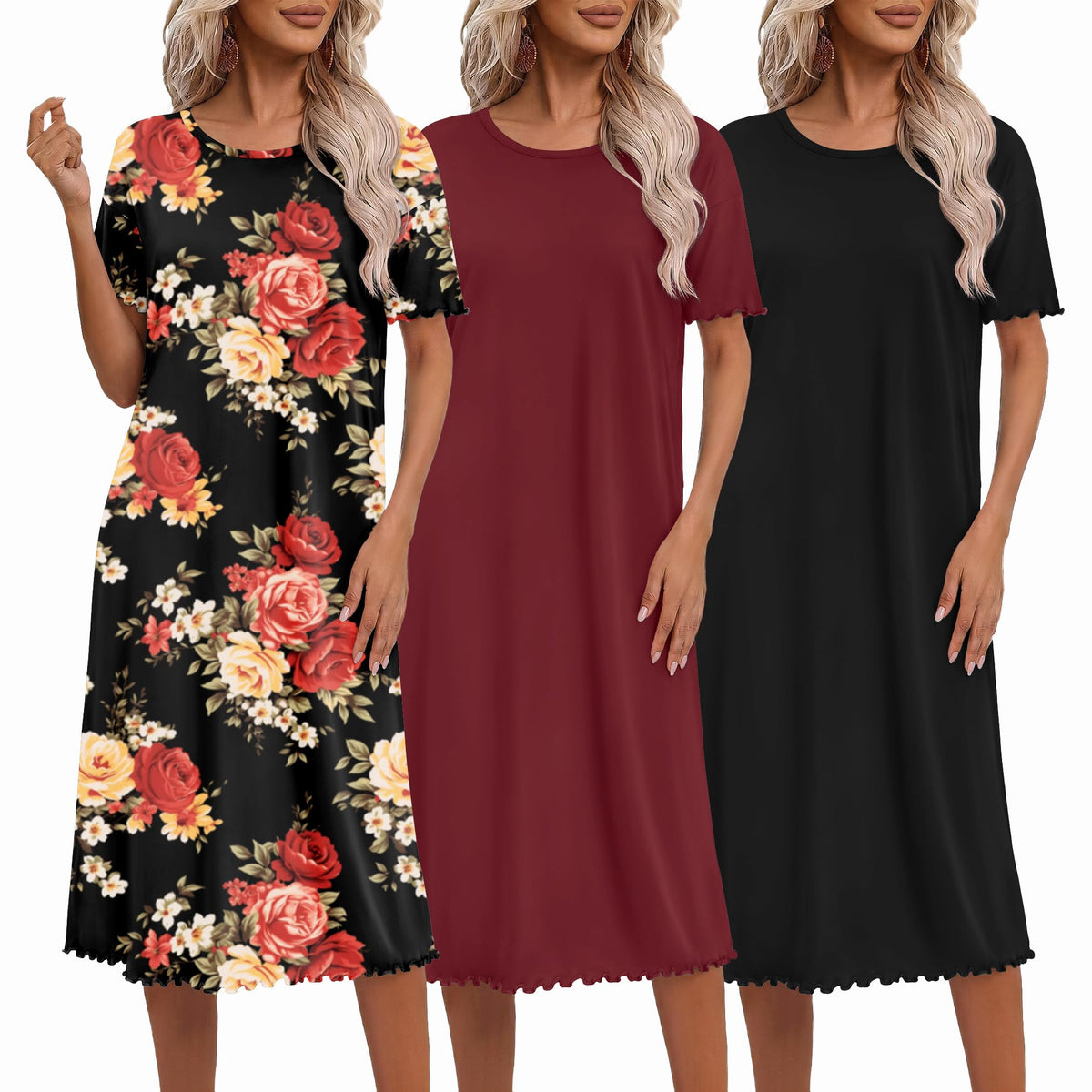 Ekouaer 3 Pack Long Nightgowns for Women Ruffle House Dress