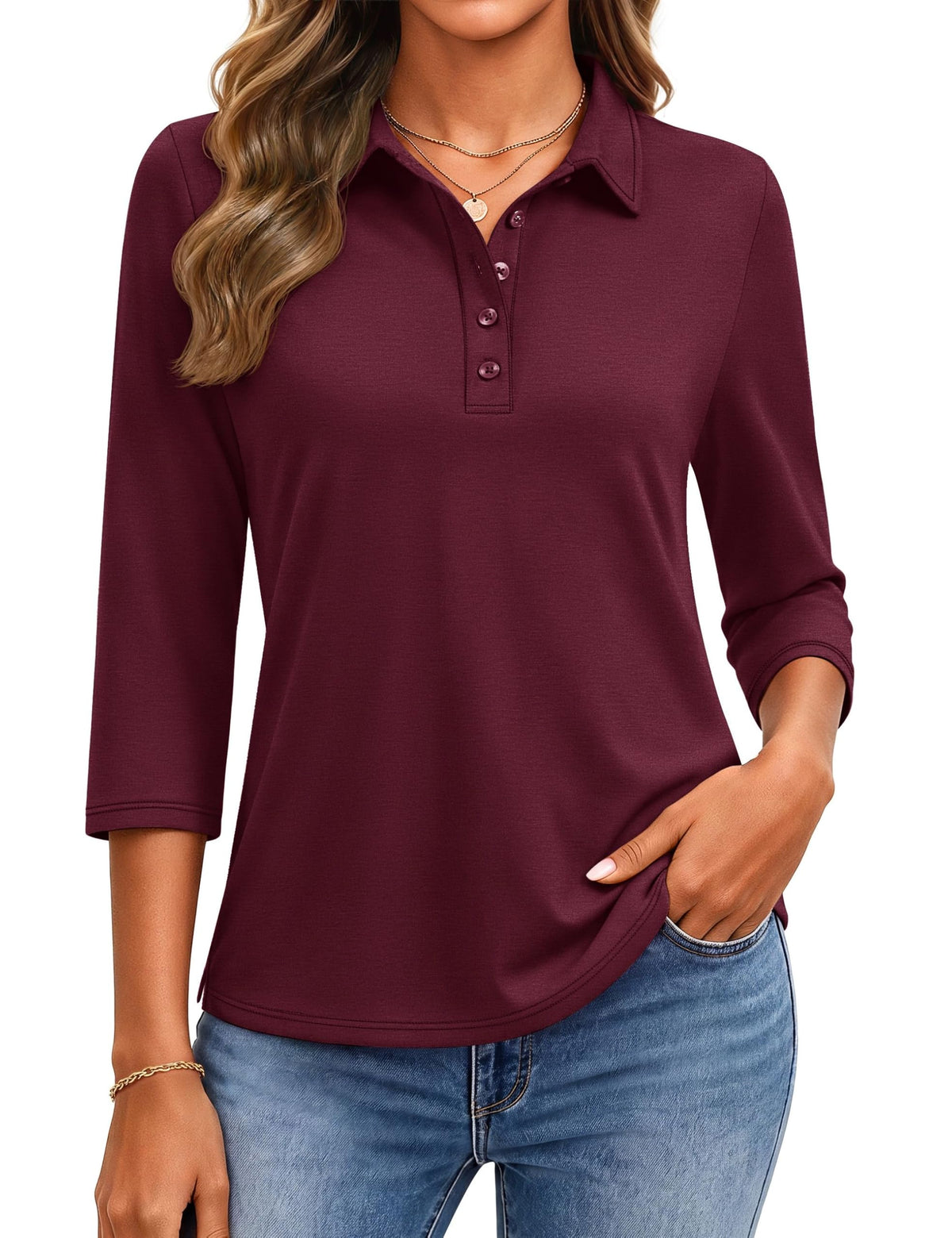 YUCOLEN Polo Shirts for Women 3/4 Sleeve Tops Golf Tees 5-Button Collared