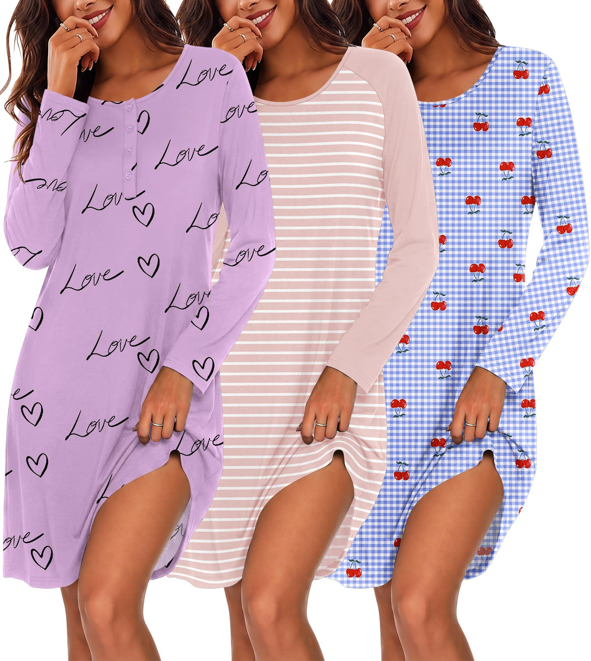 Ekouaer 3 Pack Nightgowns for Women Long Sleeve Sleepshirt Soft Nightshirt