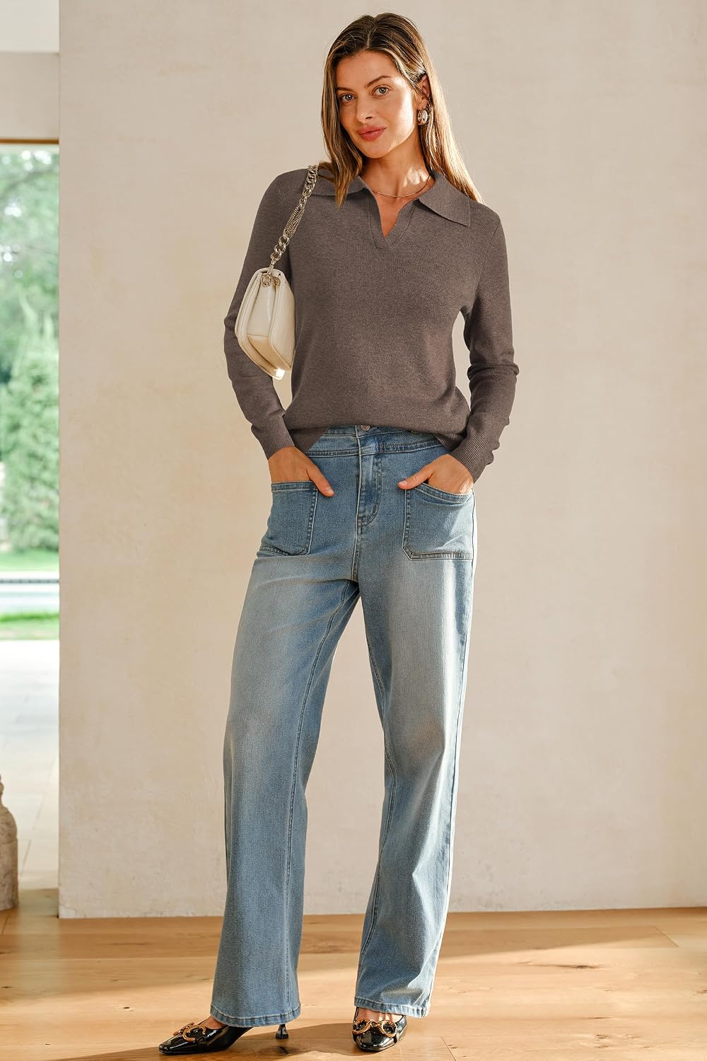 Arach&Cloz Women's Wool Blend Polo Shirts Business Casual Tops Fall Sweater