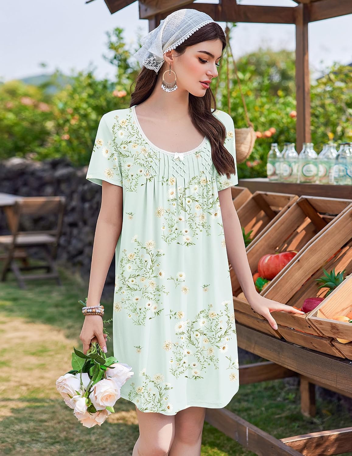 Ekouaer Nightgowns for Women Pleated Sleep Shirts Short Sleeve Night Shirts