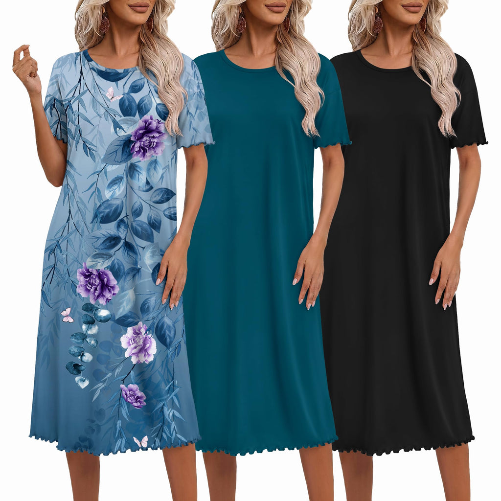 Ekouaer 3 Pack Long Nightgowns for Women Ruffle House Dress