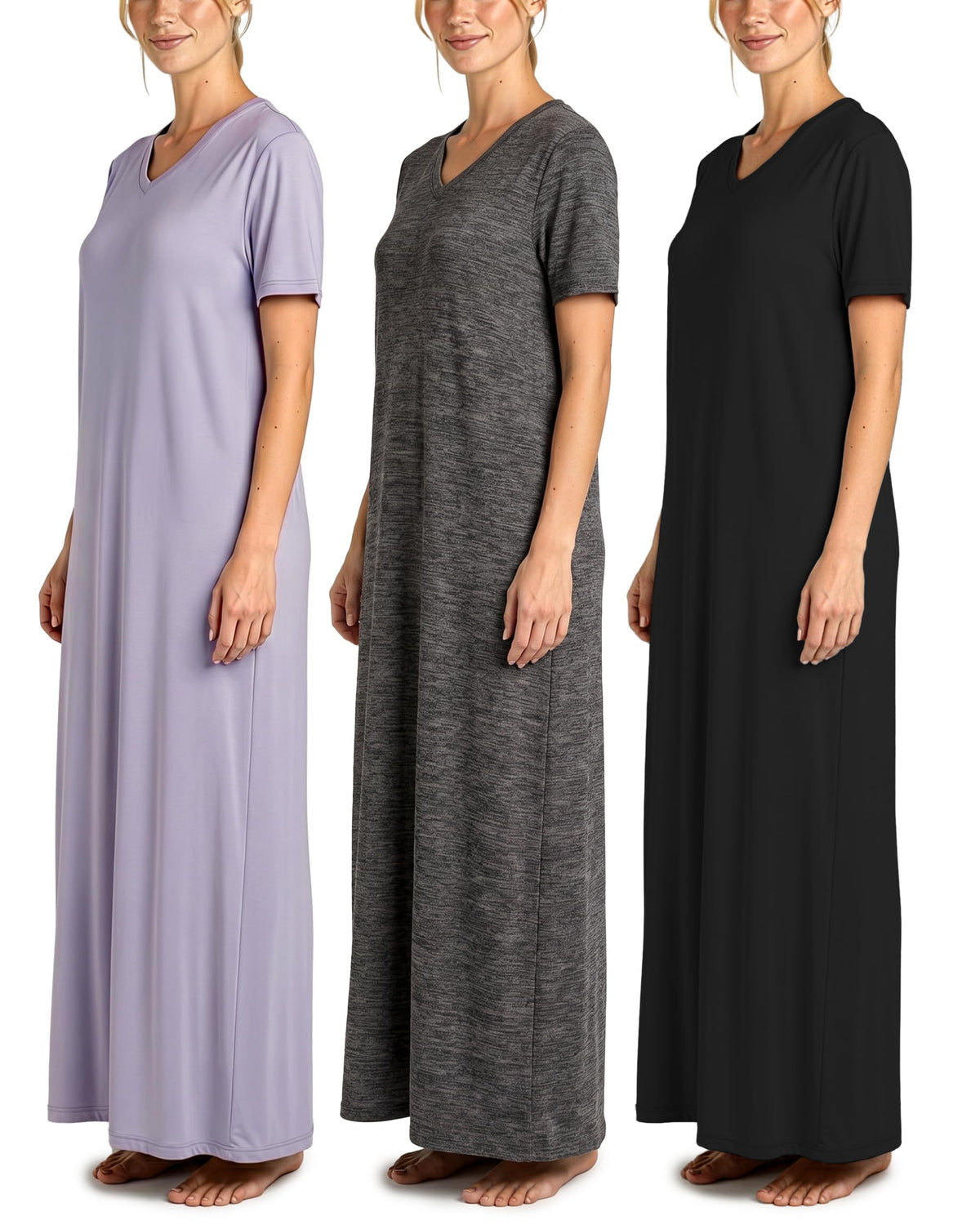 3 Pack Women's Maxi Long Nightgowns Short Sleeve Night Shirt PJ Sleep Dress