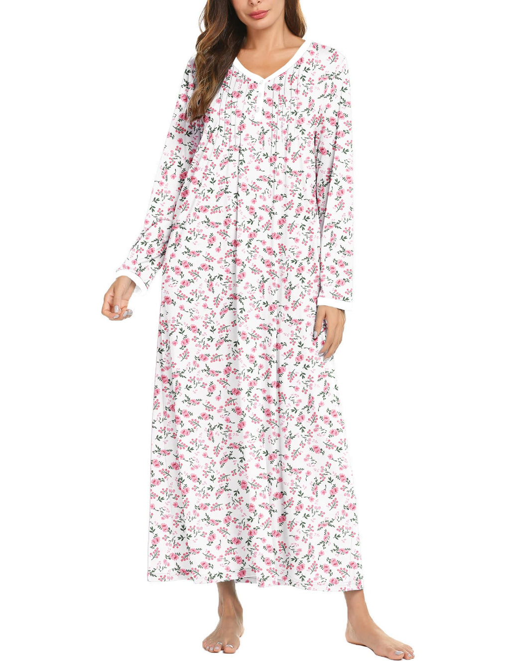 Ekouaer Women's Long Sleeve Nightgown Full Length Sleepwear Long Sleepshirts Henley Sleep Dress