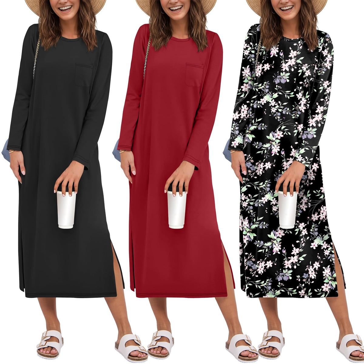 Ekouaer 3 Pack Long Sleeve Full Length Chest Pocket Nightgowns for Women