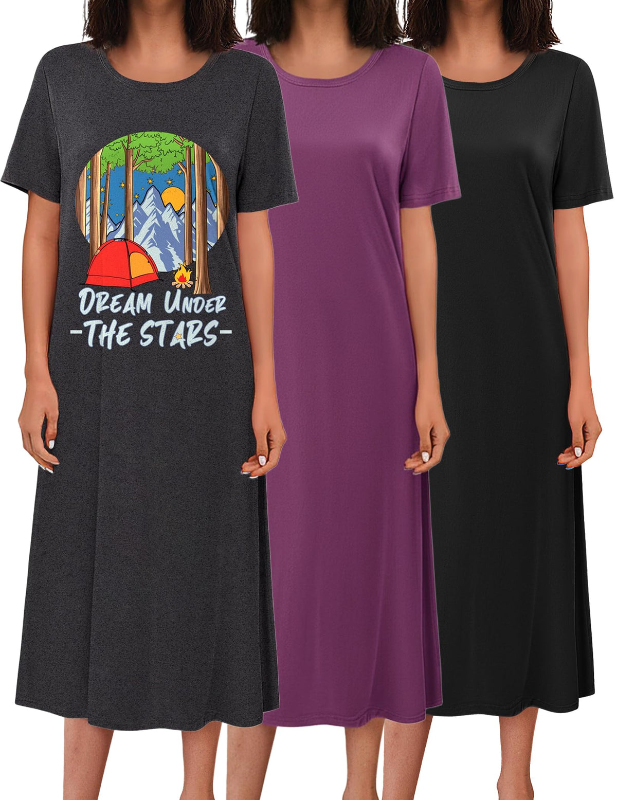 Ekouaer 3 Pack Long Nightgowns for Women House Dress Plus Size Nightshirt