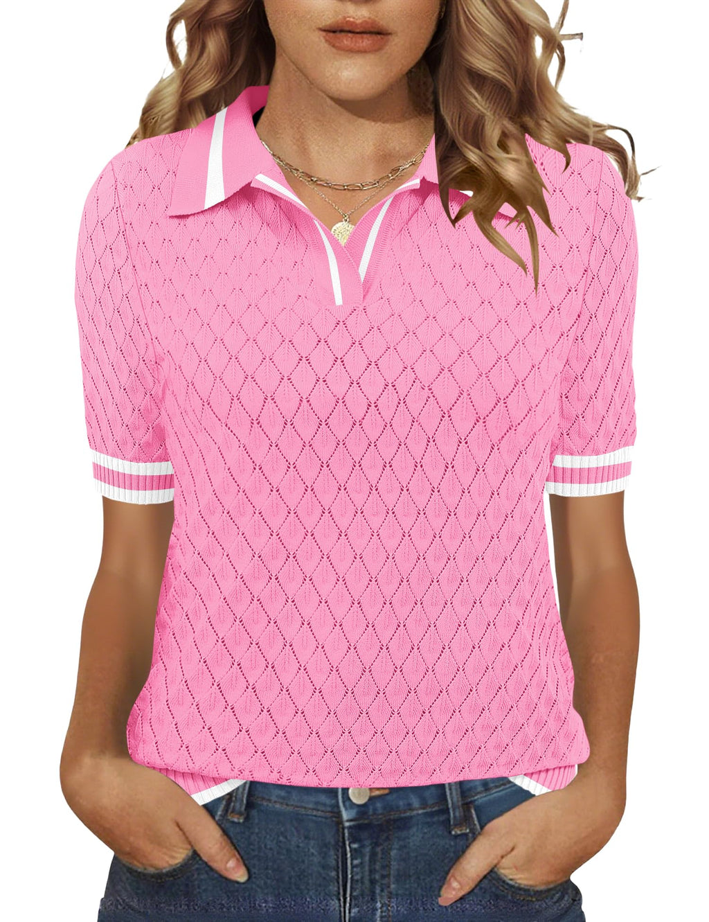 Rapbin Womens Short Sleeve Knit Polo Shirts Summer Spring Sweater Tops