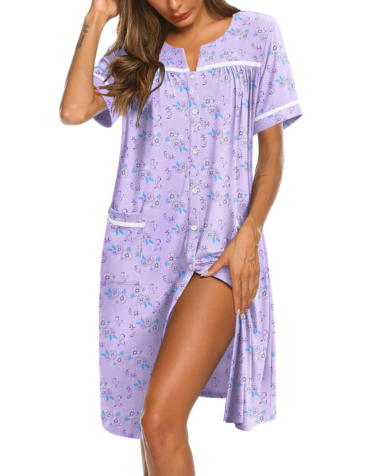 Ekouaer Nightgowns for Women House Dress with Pockets Button Down Sleepshirt Short Sleeve Nightshirt Housecoat