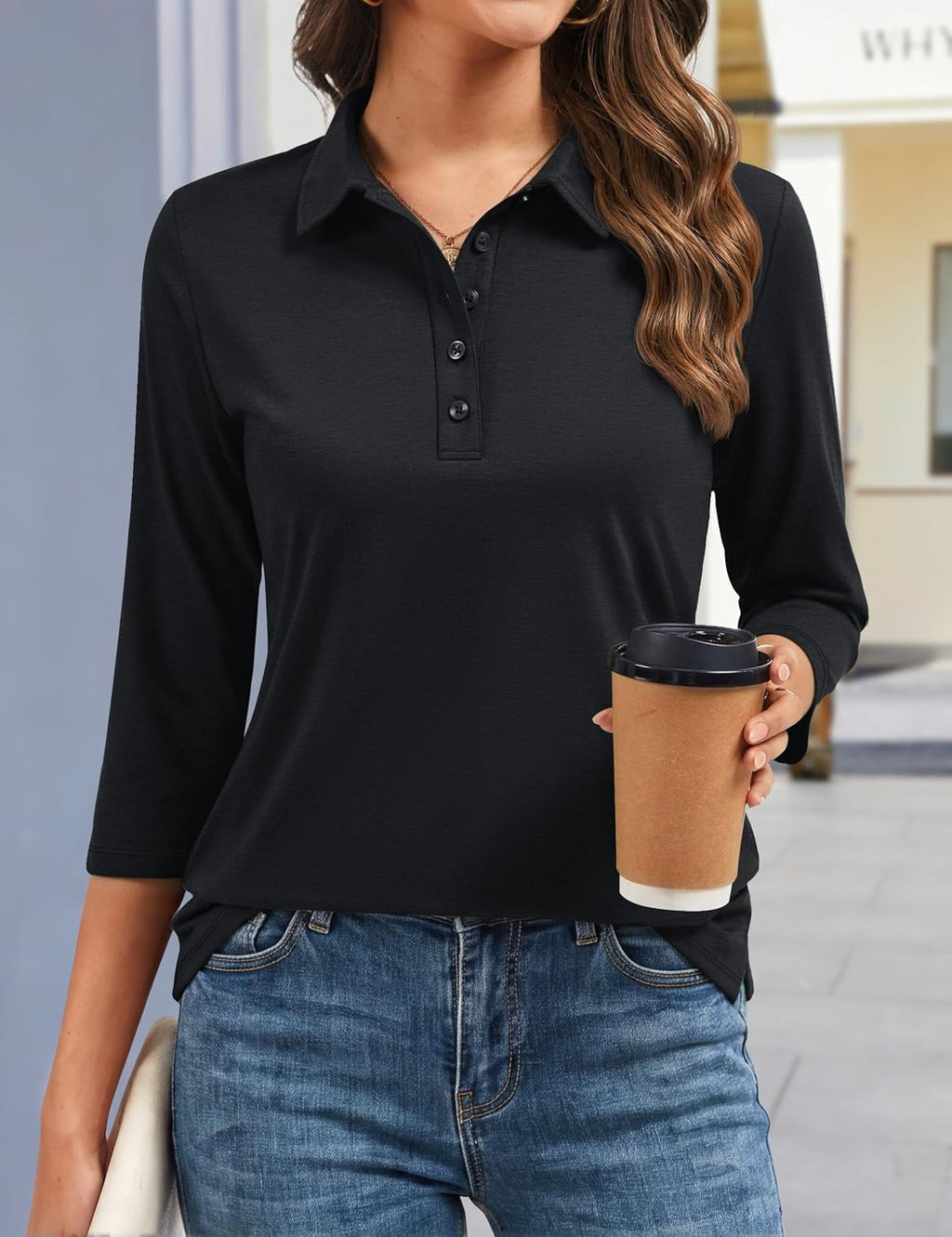 YUCOLEN Polo Shirts for Women 3/4 Sleeve Tops Golf Tees 5-Button Collared