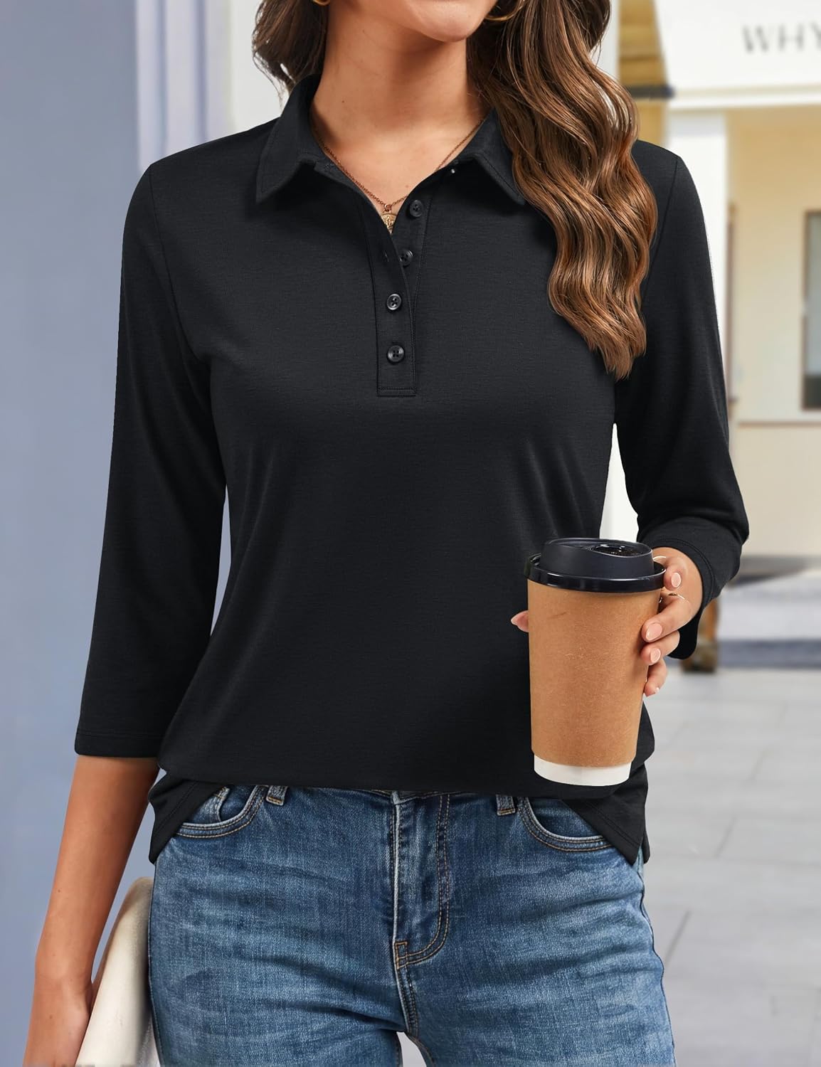 YUCOLEN Polo Shirts for Women 3/4 Sleeve Tops Golf Tees 5-Button Collared