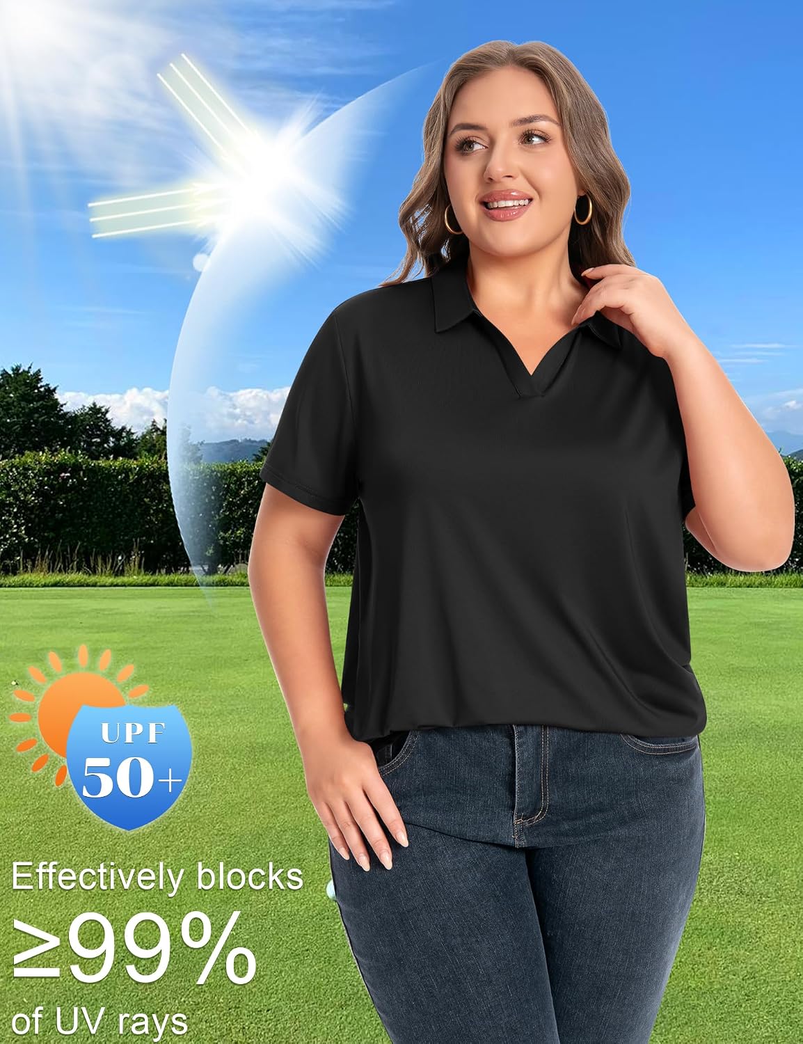 Womens Plus Size V-Neck Short Sleeve Polo UPF 50+ Quick Dry Golf (XL-6XL)