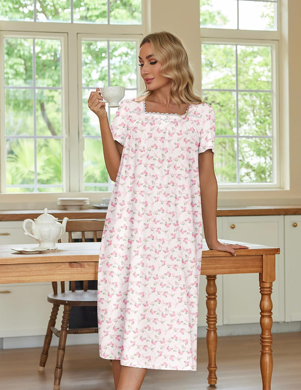 Ekouaer Cotton Long Nightgowns for Women Vintage House Dress with Pockets