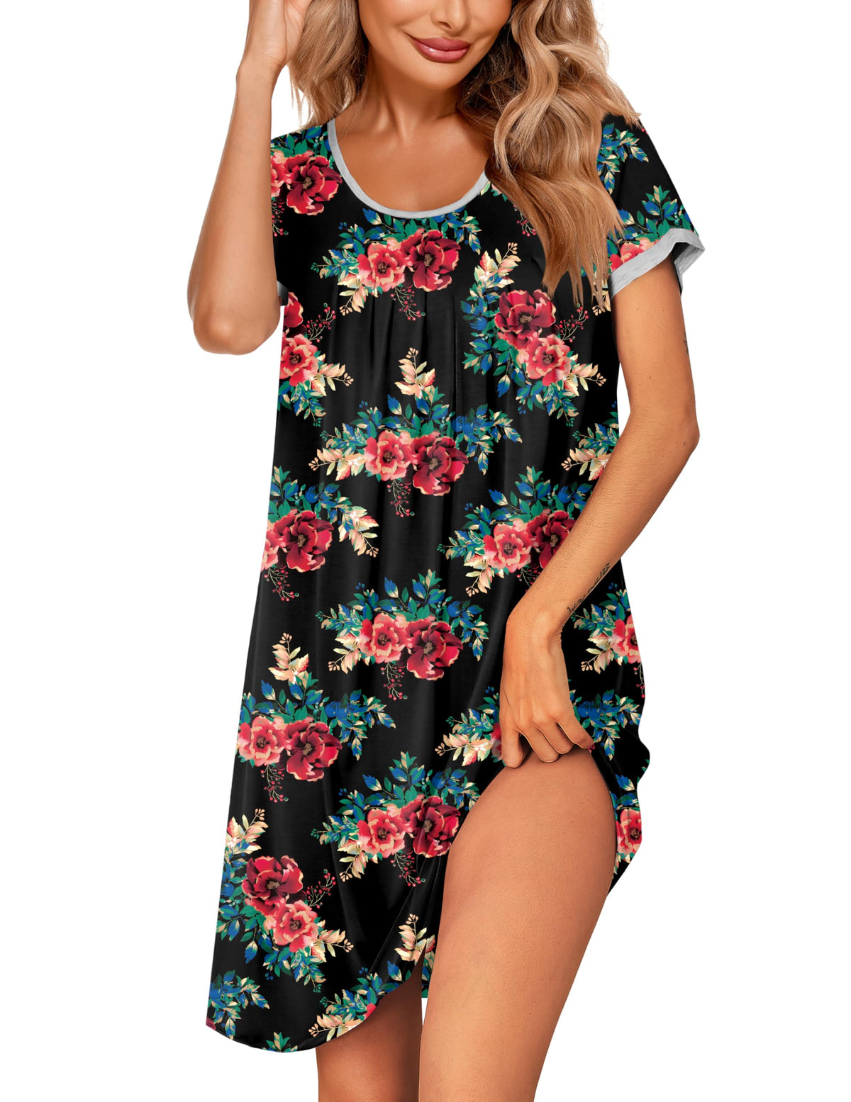 Ekouaer Womens Nightgown Short Sleeve Sleepwear Soft Pleated Sleepshirt