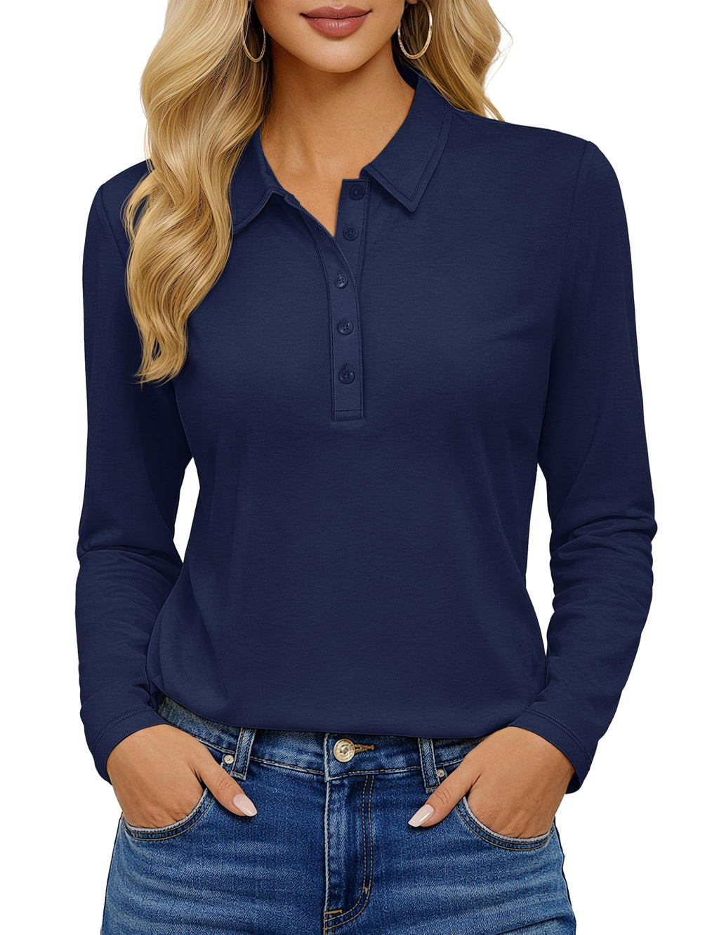 YUCOLEN Long Sleeve Polo Shirts for Women 5-Button Collared Golf Tops