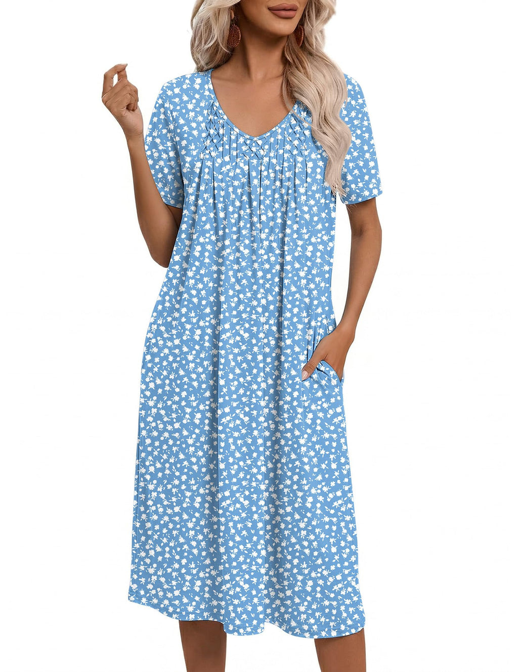 Ekouaer Nightgowns for Women with Pockets House Dress Pleated Night Gowns