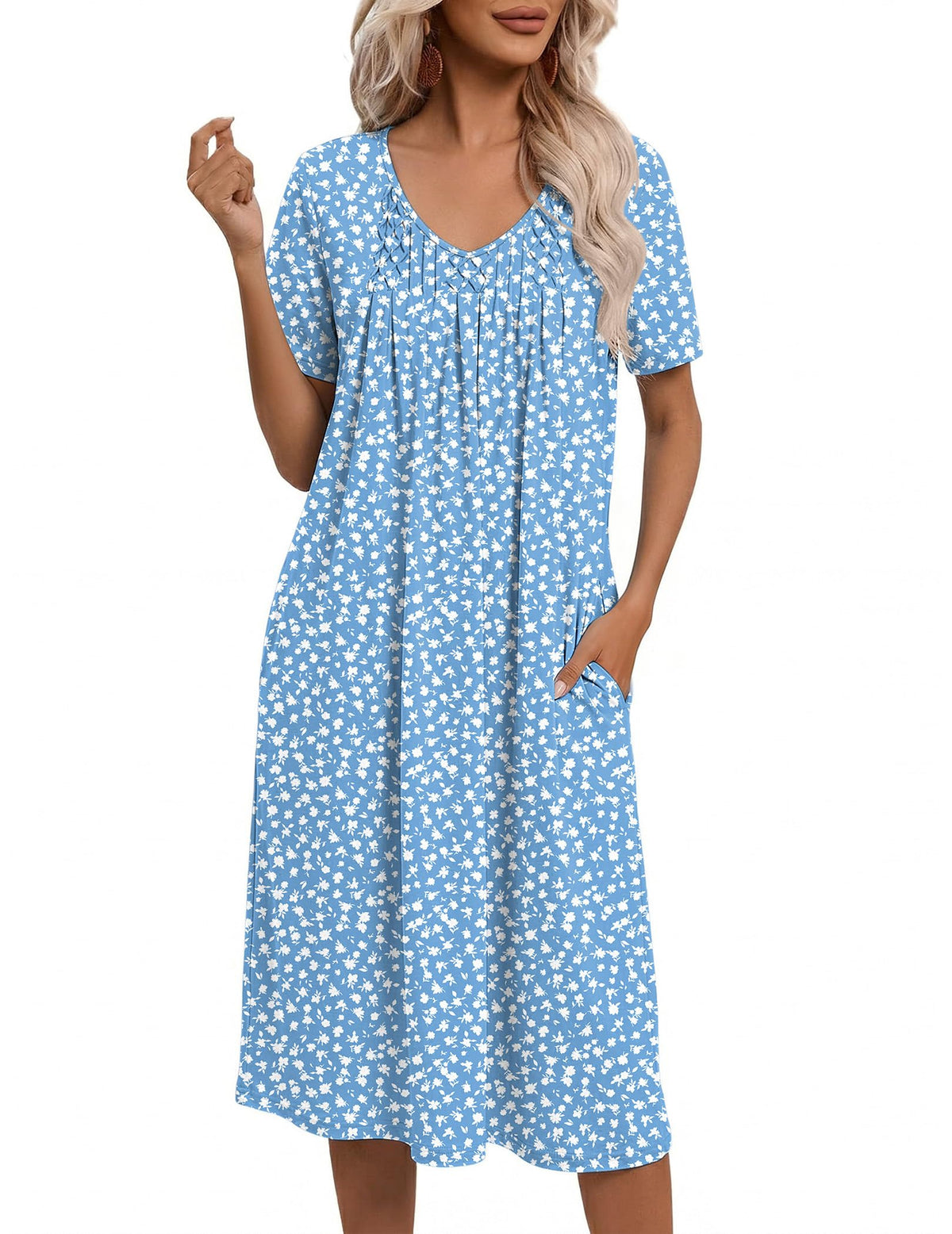 Ekouaer Nightgowns for Women with Pockets House Dress Pleated Night Gowns