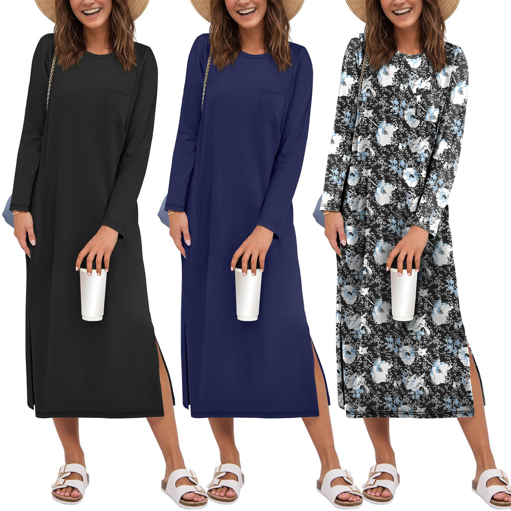 Ekouaer 3 Pack Long Sleeve Full Length Chest Pocket Nightgowns for Women