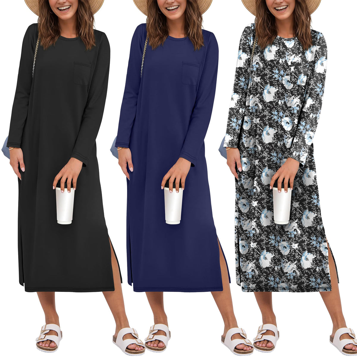 Ekouaer 3 Pack Long Sleeve Full Length Chest Pocket Nightgowns for Women