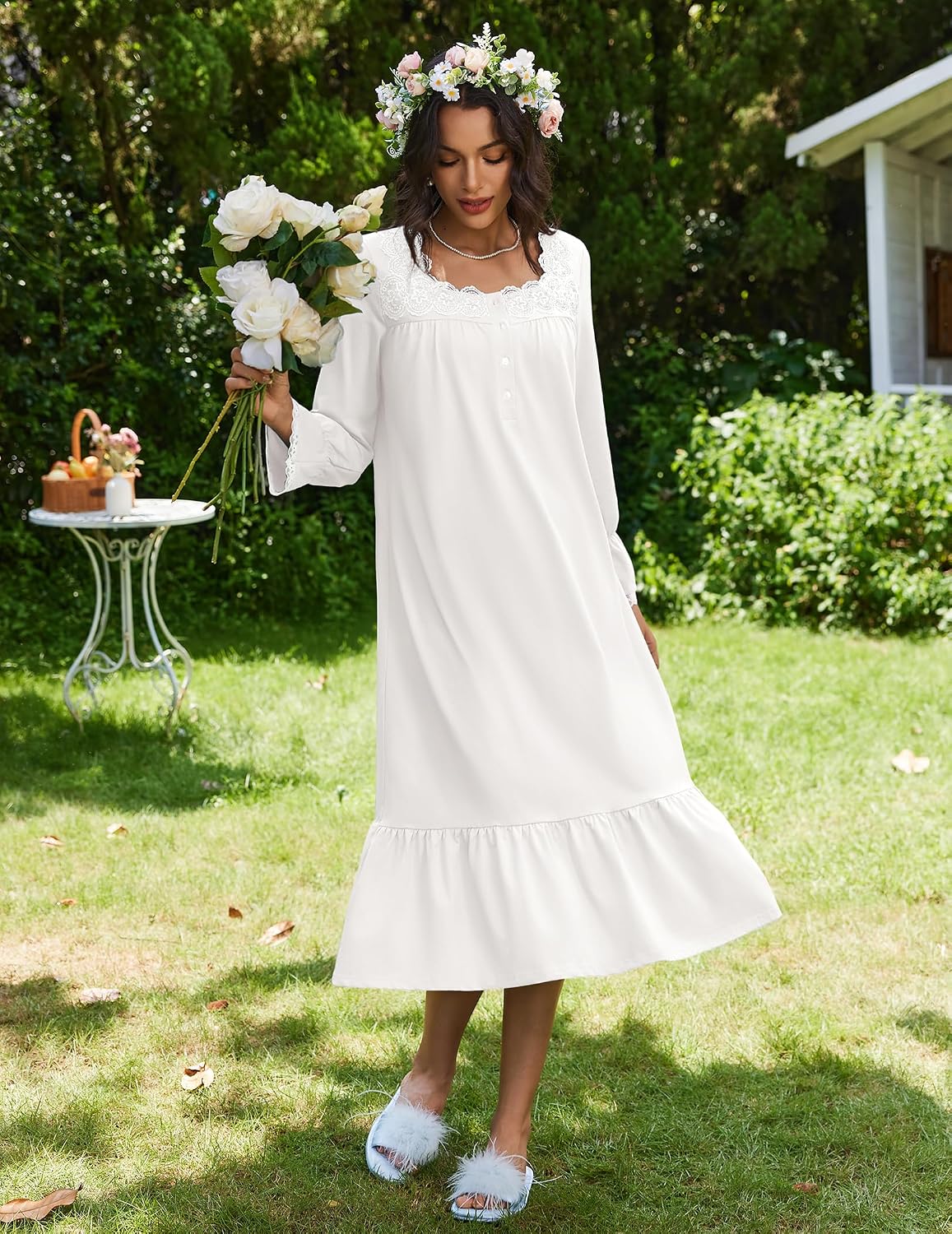Ekouaer Cotton Nightgowns for Women Long Sleeve Night Gown Lace Sleepwear