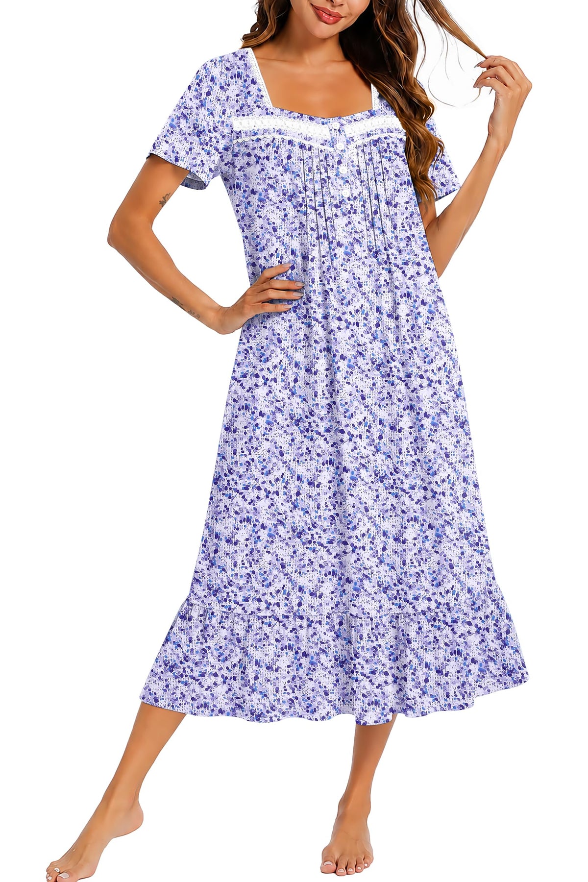 Ekouaer Cotton Long Nightgowns for Women Short Sleeve Button House Dress