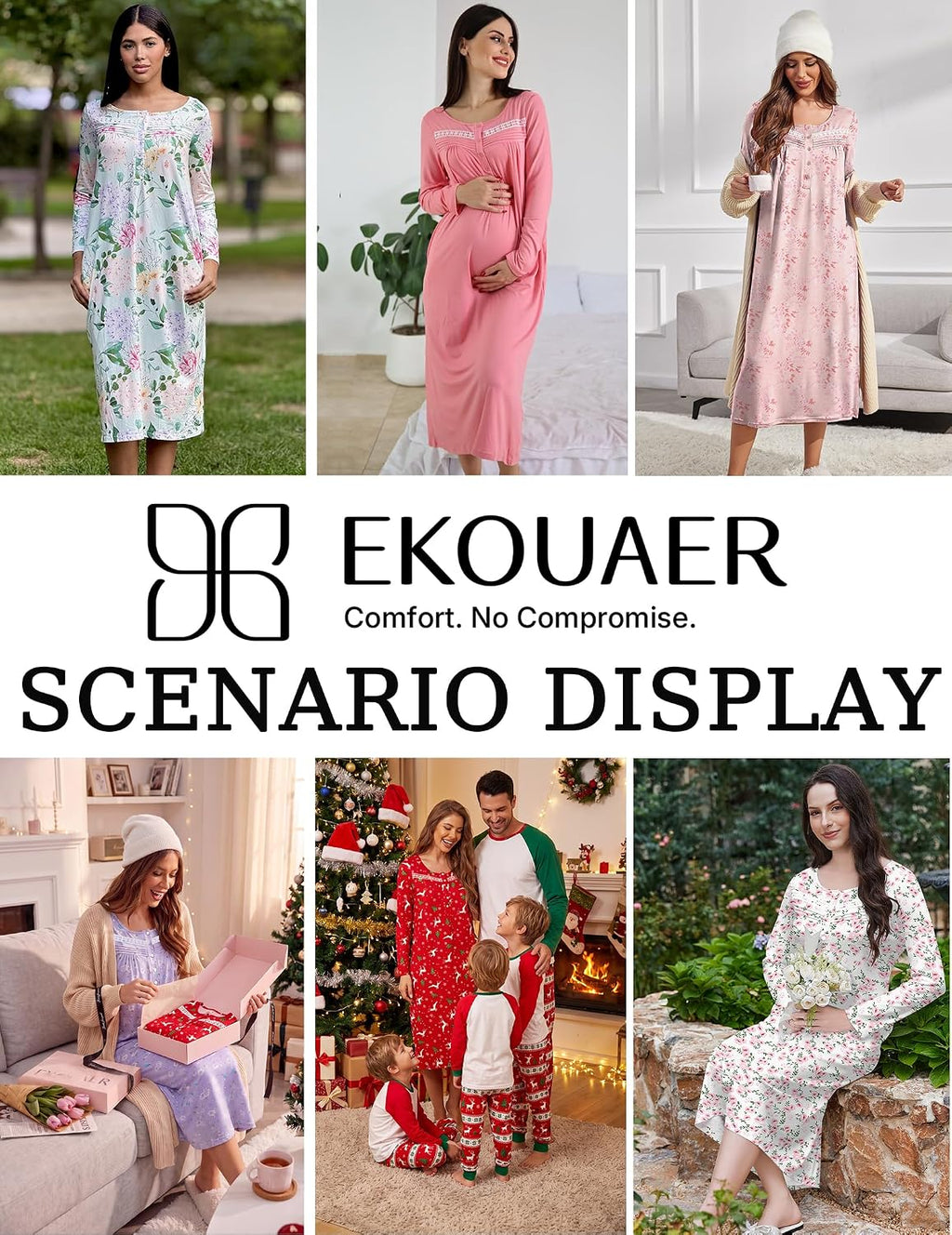 Ekouaer Long Sleeve Nightgown for Women Long Henley House Dress with Pocket