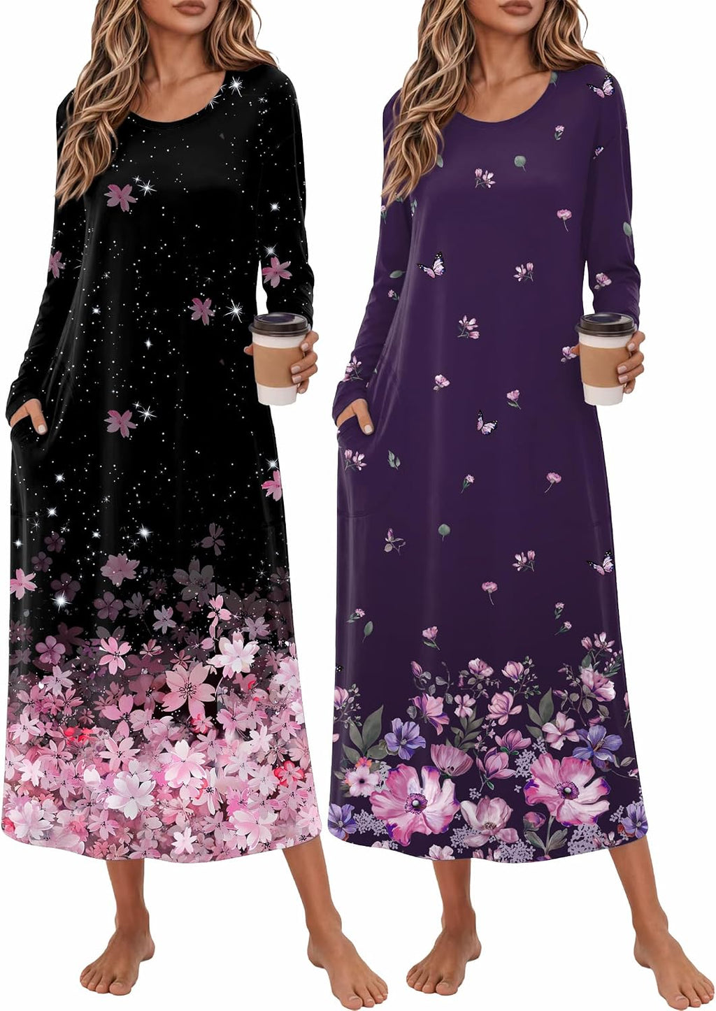 Ekouaer 2 Pack Long Nightgowns for Women Long Sleeve Nightgown with Pocket