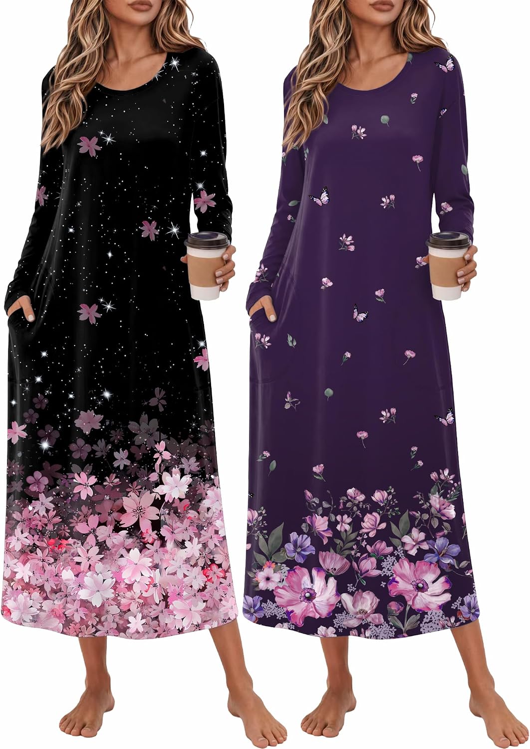 Ekouaer 2 Pack Long Nightgowns for Women Long Sleeve Nightgown with Pocket