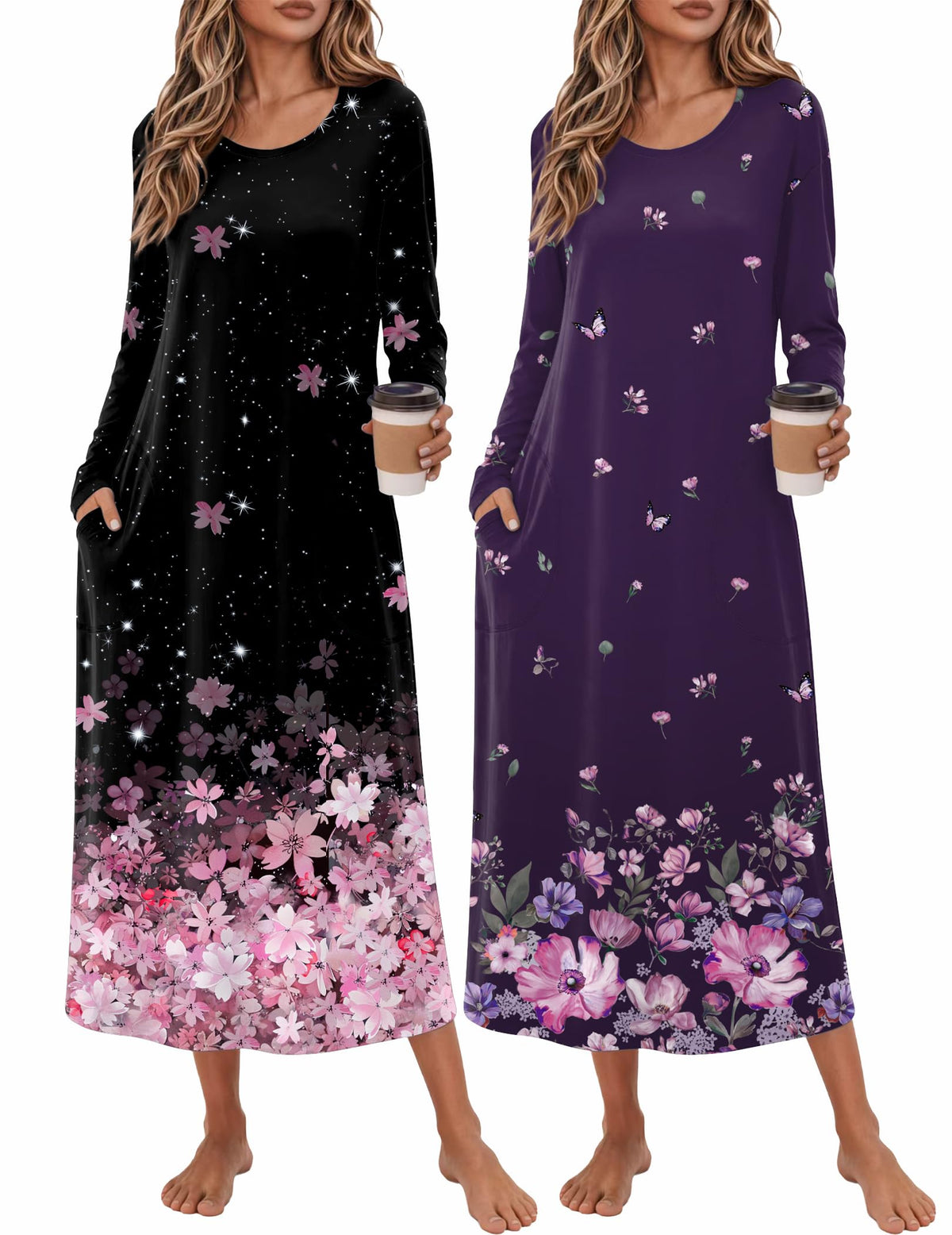 Ekouaer 2 Pack Long Nightgowns for Women Long Sleeve Nightgown with Pocket