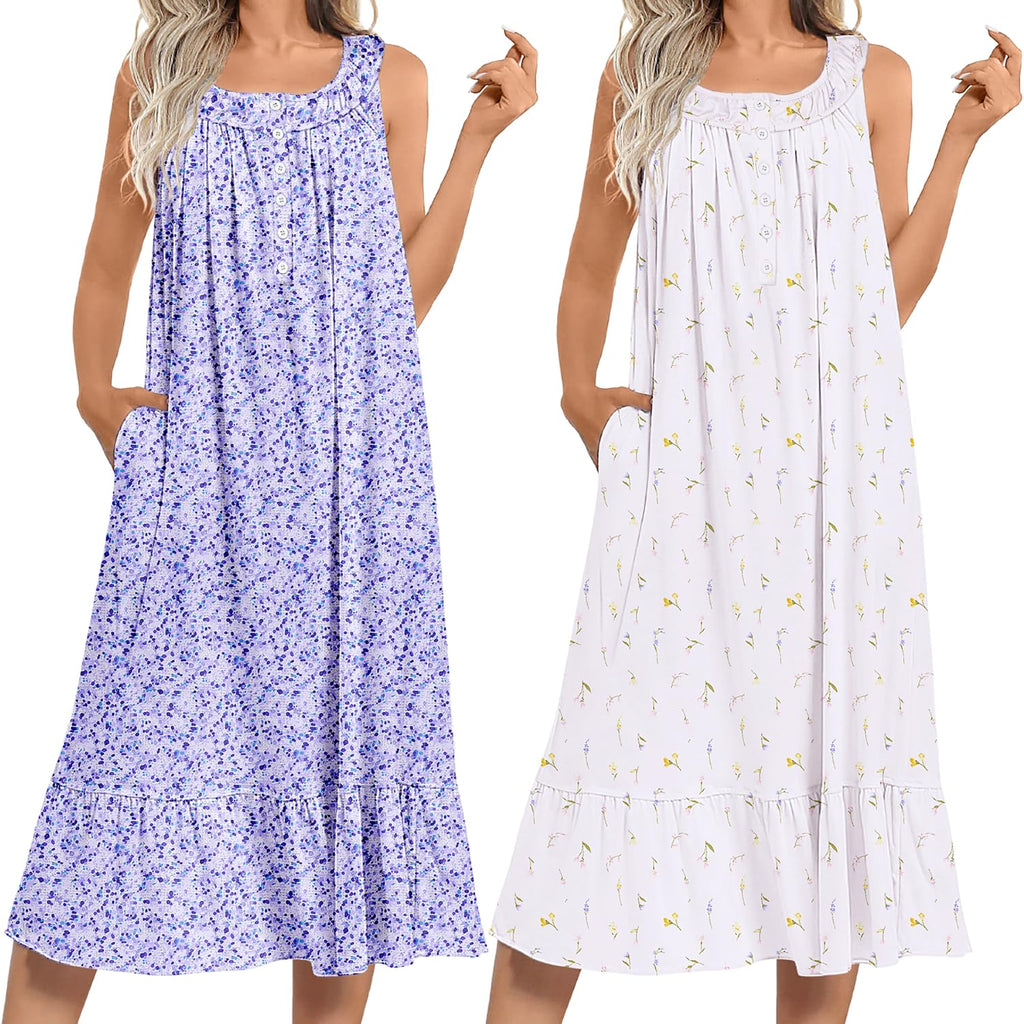 Ekouaer 2 Pack Nightgowns for Women Sleeveless Long Night Gowns Victorian Nightdress with Pockets Soft Ladies Gown