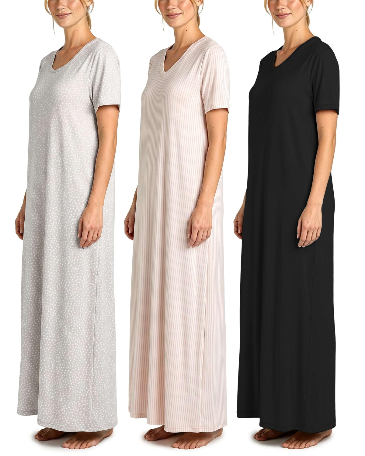 3 Pack Women's Maxi Long Nightgowns Short Sleeve Night Shirt PJ Sleep Dress