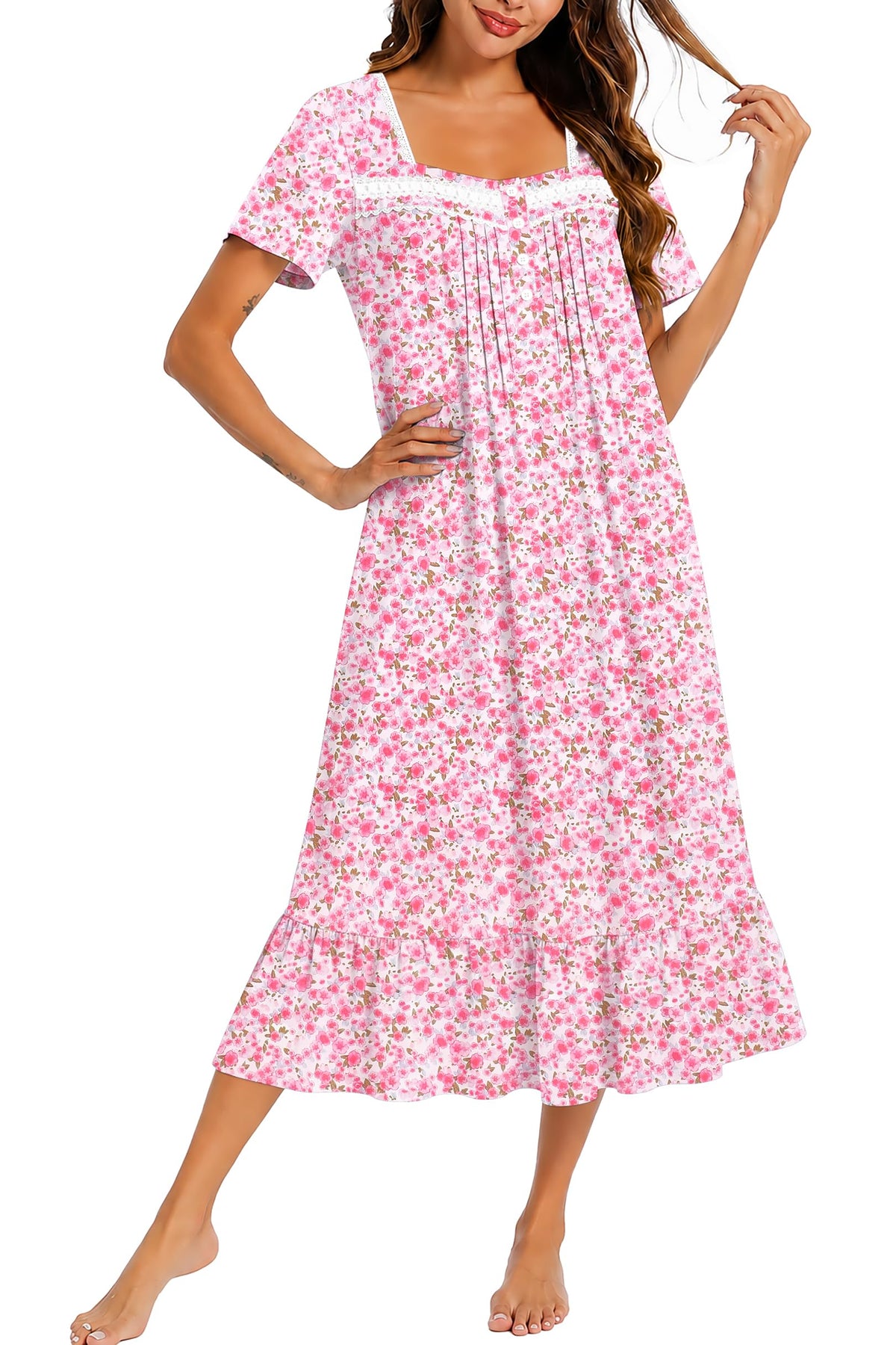 Ekouaer Cotton Long Nightgowns for Women Short Sleeve Button House Dress