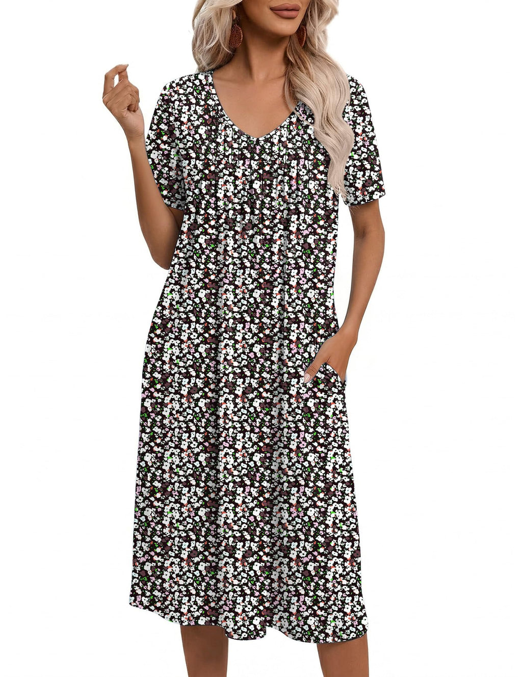 Ekouaer Nightgowns for Women with Pockets House Dress Pleated Night Gowns