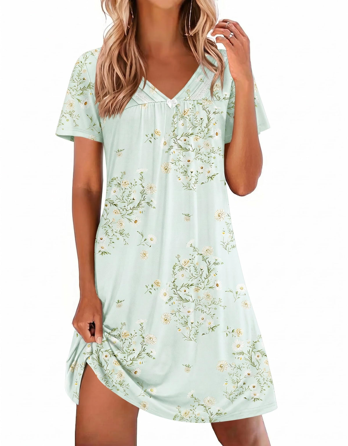 Ekouaer Nightgowns for Women V Neck Sleepshirt Short Sleeve Nightdress Lace Trim Night Gown House Dress with Pockets
