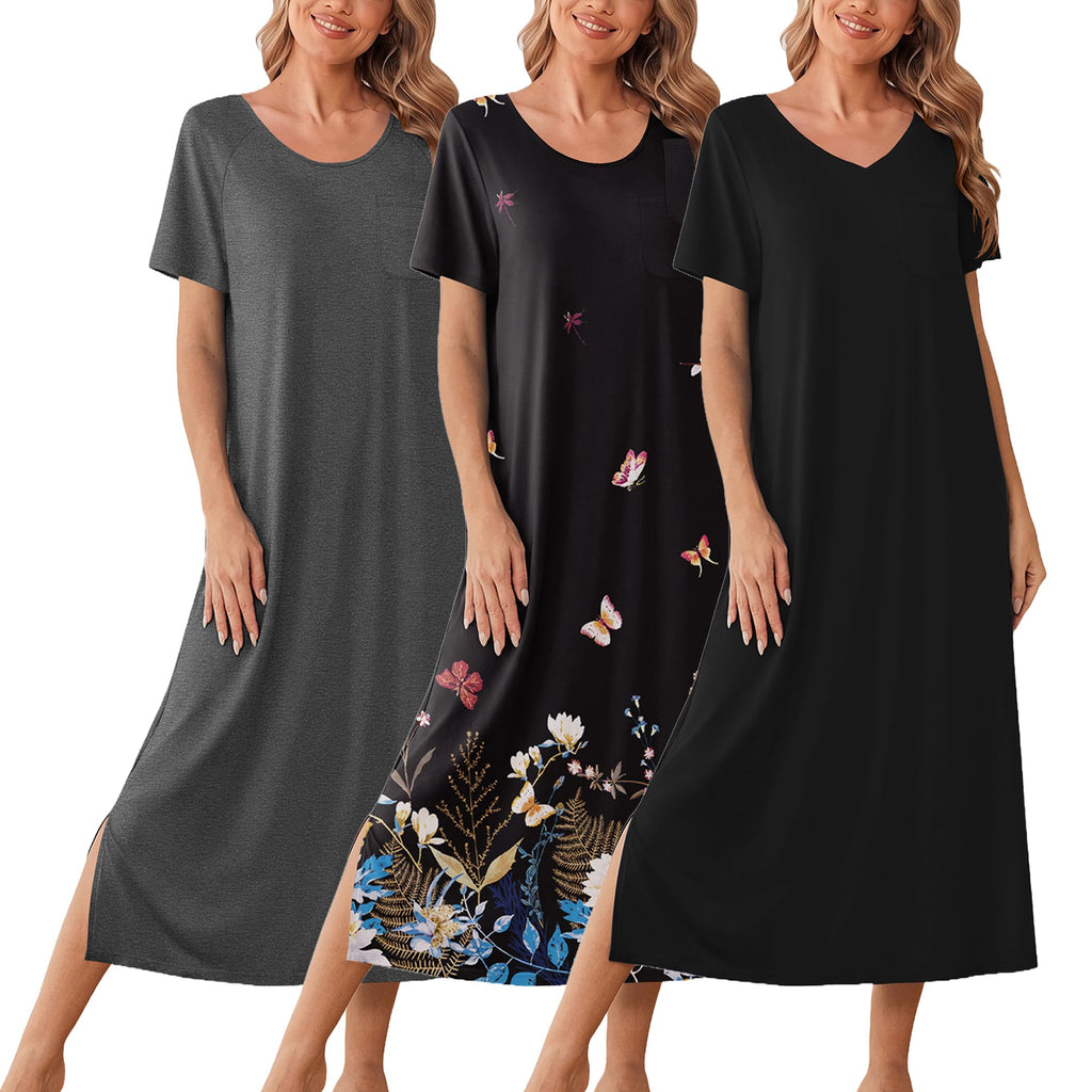 Ekouaer Long Nightgowns for Women 3 Pack Plus Size Short Sleeve House Dress